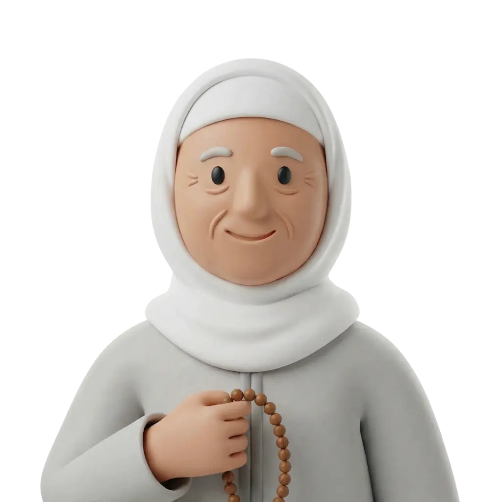 3D portrait bust of an elderly woman (Hajja) wearing a white hijab and light grey robe, holding wooden prayer beads in one hand. She has gentle wrinkles, a warm smile, and a neutral black isolated background.