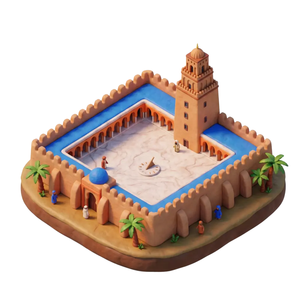 3D clay-style render of the Great Mosque of Kairouan showing a walled rectangular complex with a large marble courtyard, central sundial, colonnaded arcade, a square multi-tiered minaret and blue roof accents surrounded by palm trees. Isometric perspective with warm lighting and an isolated dark background.