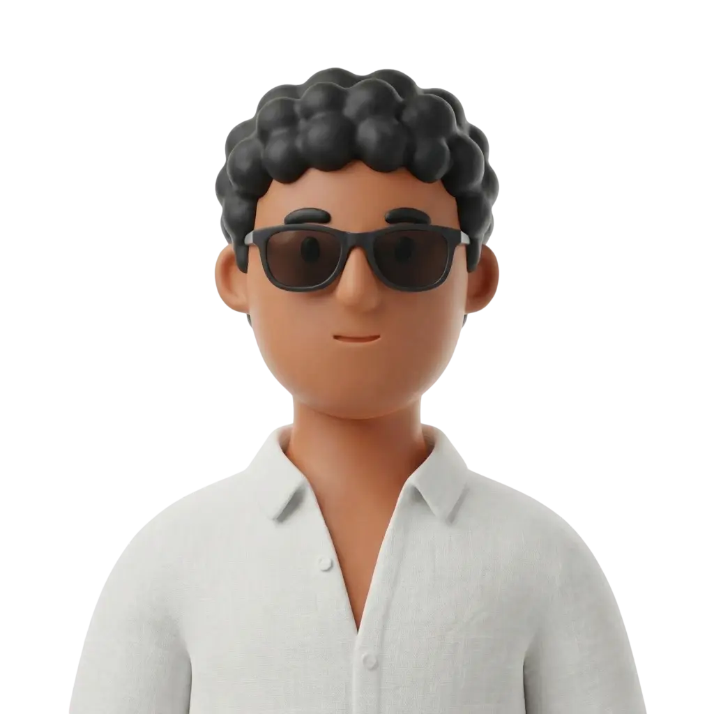 3D portrait bust of a young man with dark curly hair wearing black sunglasses and a white open-collar linen shirt; neutral slight smile and relaxed posture. Isolated on a solid black background with a matte finish.