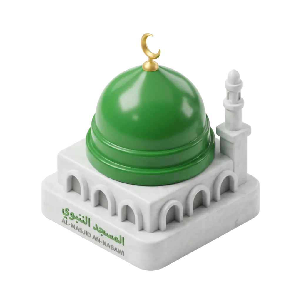 3D render of a stylized green dome with a glossy emerald finish topped by a gold crescent finial, set on a white marble‑like rectangular base with arched facades and a small minaret, isolated on a transparent background.