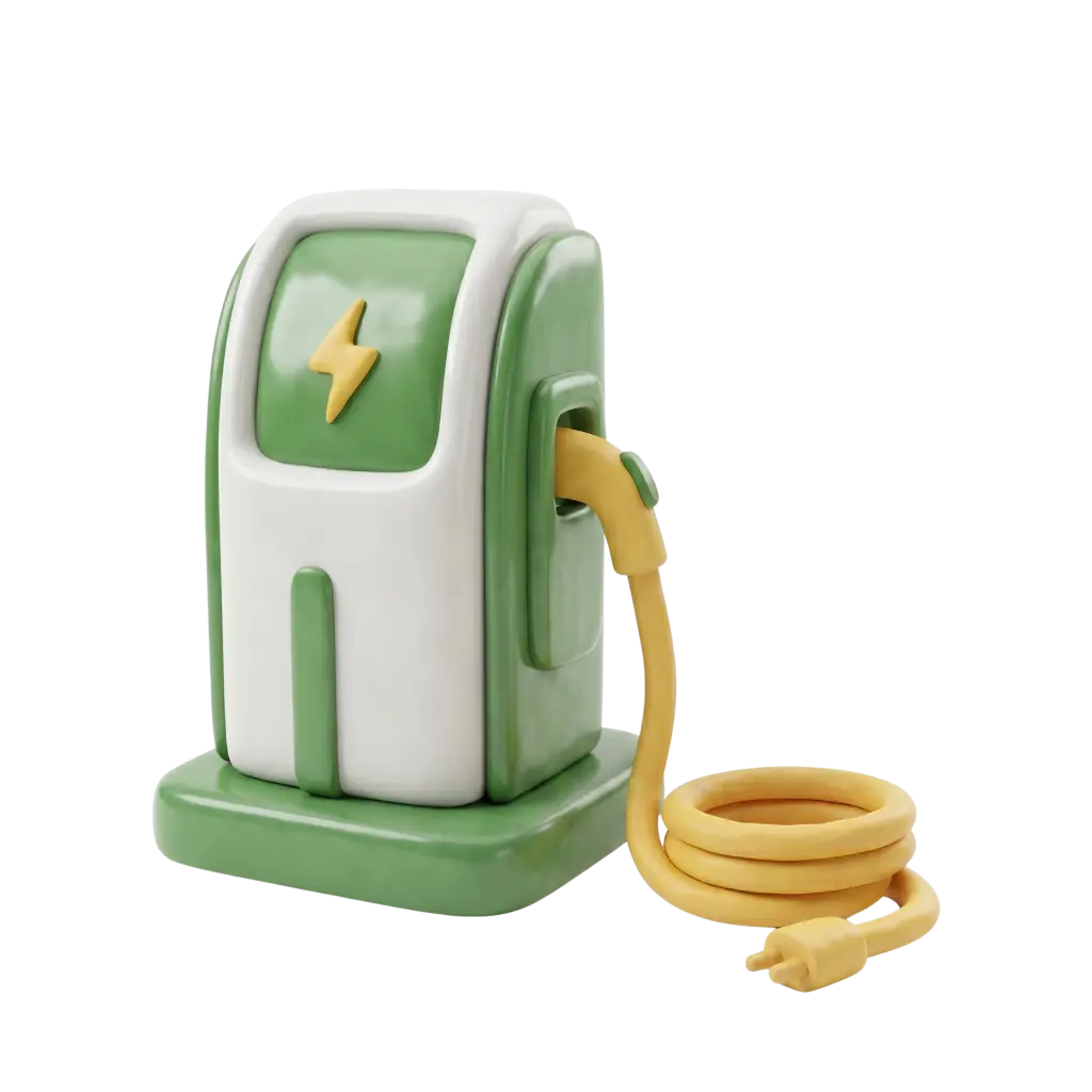 3D render of a stylized green and white electric vehicle charger with a glossy finish, yellow coiled cable and a yellow lightning-bolt emblem, isolated on a transparent background.
