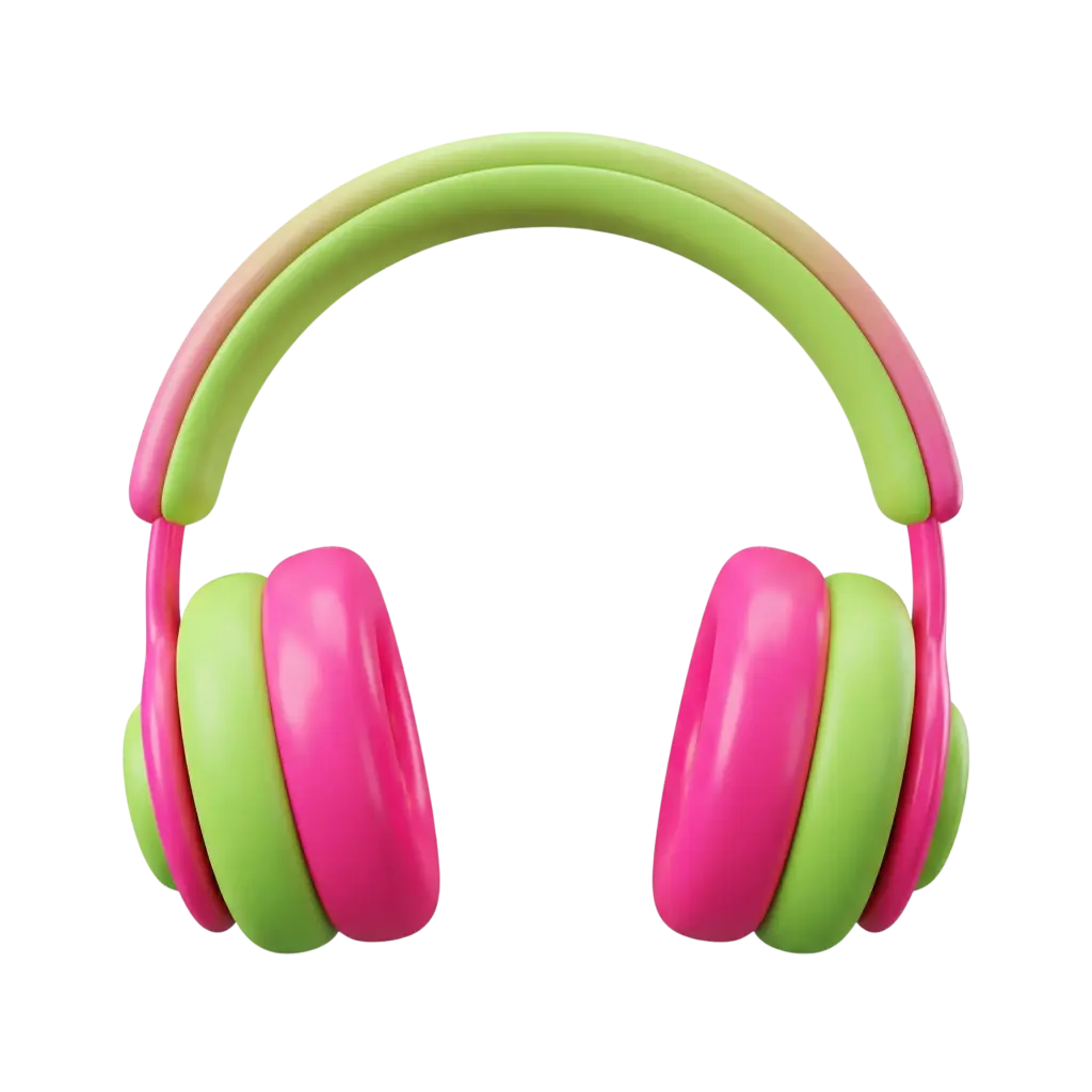 3D render of bright green and pink over-ear headphones with rounded padded earcups and a glossy plastic finish, isolated on a transparent background.
