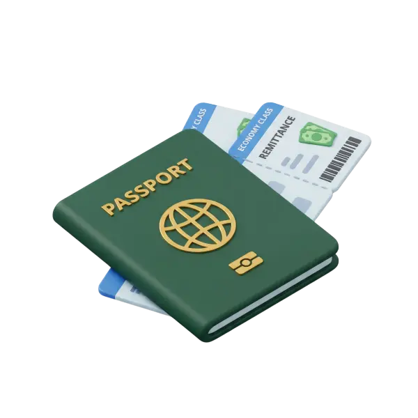 3D render of a green passport with gold embossed "PASSPORT" text, gold globe emblem and biometric icon, with two blue-and-white boarding passes partially inserted; soft matte cover and isolated on a black background.