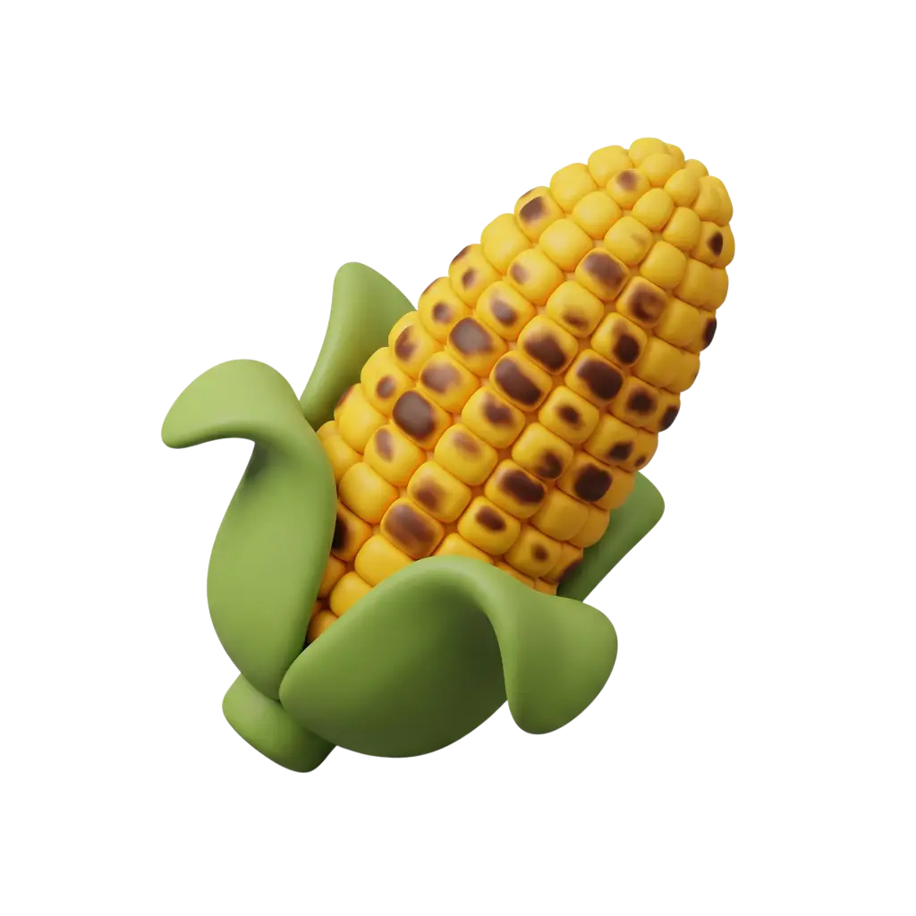Isolated render of a grilled corn on the cob with bright yellow kernels and brown char marks, partially wrapped in peeled green husk against a black background. Smooth, stylized textures and glossy finish emphasize the plump kernels and subtle charring.