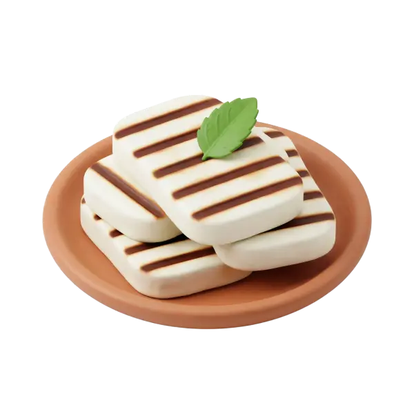3D render of grilled halloumi slices stacked on a terracotta plate with dark brown grill marks and a single green leaf garnish. Creamy white cheese texture with smooth rounded edges, isolated on a black background.