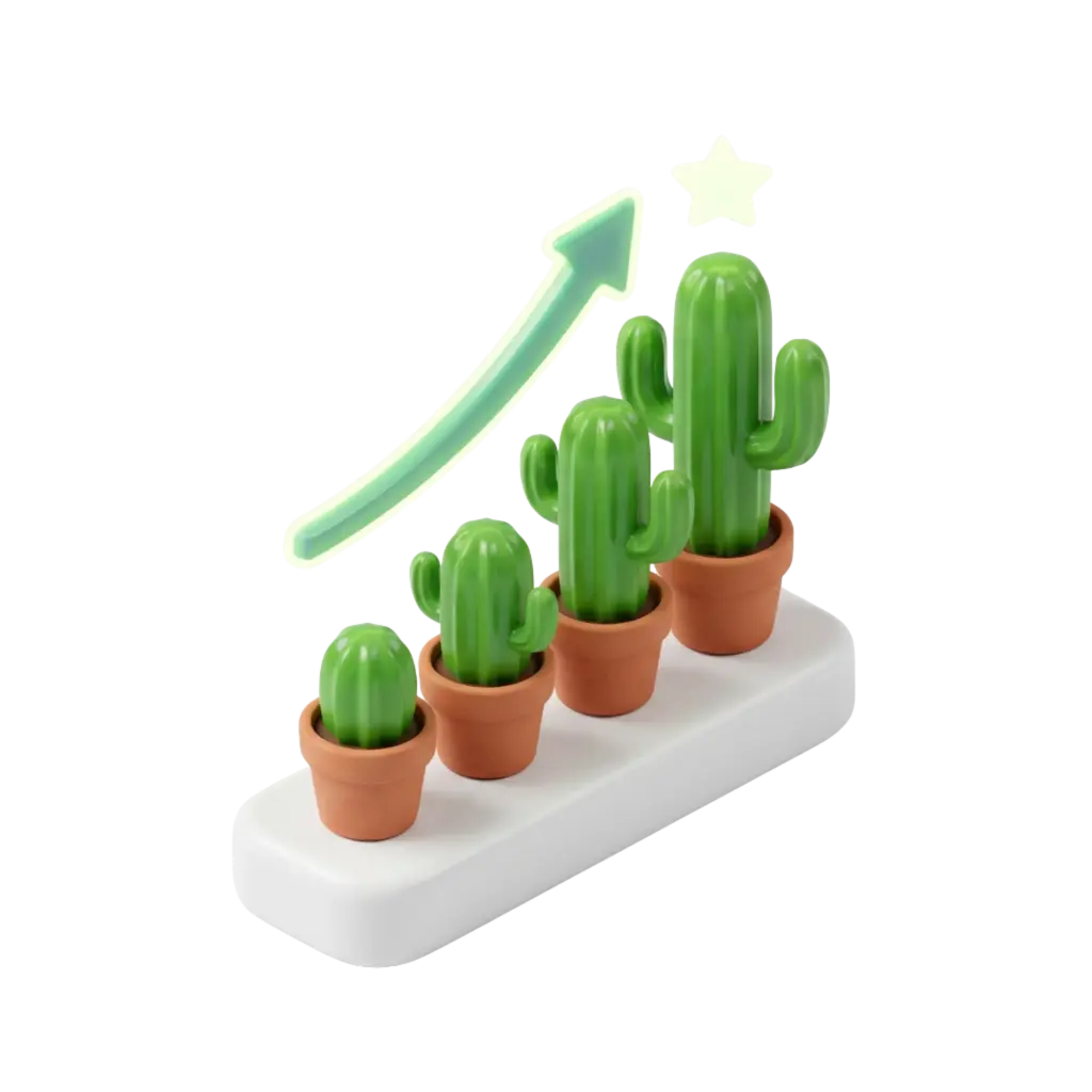 3D render of four glossy green cacti in terracotta pots arranged from smallest to largest on a white rounded base, topped by a neon-green upward arrow and a small star. Stylized plastic-like finish with smooth highlights, isolated on a black background.