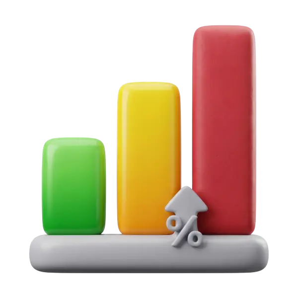3D render of a glossy three-bar growth chart with rounded rectangular bars in green, yellow, and red standing on a matte gray rounded base, plus a gray percent-arrow accent; isolated render on a transparent background.