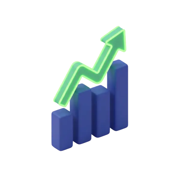 3D render of a stylized growth chart with four rounded rectangular matte-blue bars and a glowing neon-green zigzag arrow rising above them; soft emissive glow around the arrow and a solid black background.