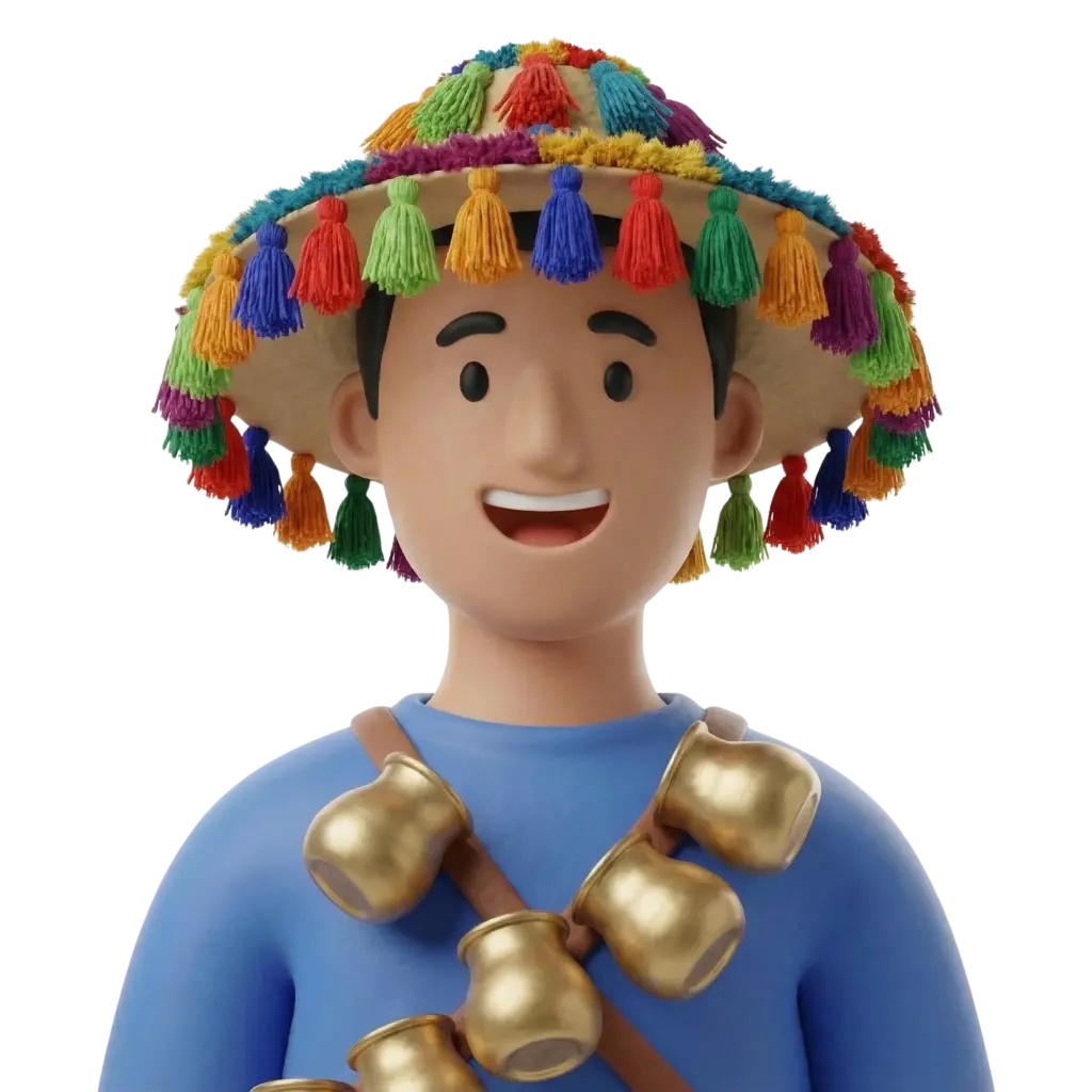 3D portrait bust of a male Guerrab (Moroccan water seller) wearing a wide straw hat decorated with multicolored tassels, a blue shirt and a leather strap across his chest holding several brass cups, smiling expression, isolated on black background.