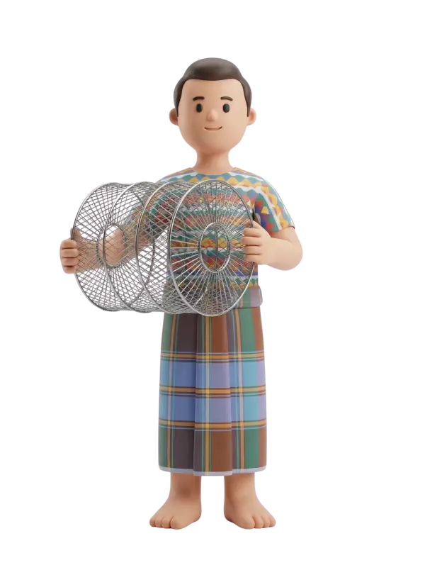 Full-body 3D character of a smiling Gulf man wearing a colorful geometric short-sleeve shirt and a checked blue-brown izar, barefoot and holding a cylindrical wire fish trap with both hands; isolated on a dark/transparent background.