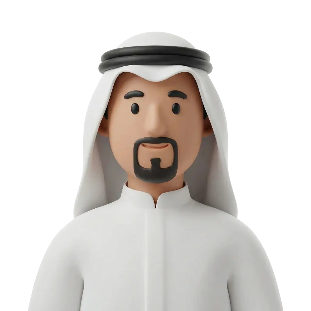 3D portrait bust of a Gulf man wearing a white thobe and white ghutra secured with a black agal, with a neat black goatee and mustache, neutral friendly expression, facing forward; isolated on a transparent background.