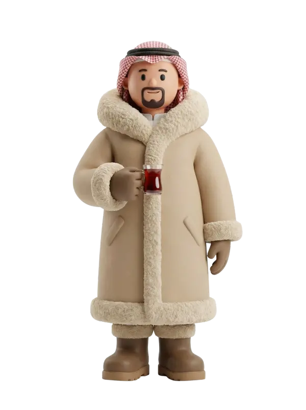 Full-body 3D character of a Gulf man wearing a beige shearling winter coat with plush fur trim, a red-checked ghutra with black agal, brown winter boots, and holding a small clear glass of hot tea. He stands facing forward with a friendly expression and relaxed posture against a dark/isolated background.