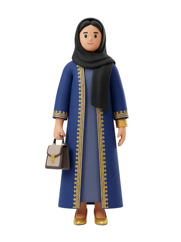 Full-body 3D character of a Gulf woman wearing a long blue embroidered coat with gold trim, a black hijab, gold bracelets, and gold heels, holding a structured handbag with a friendly smile. Standing pose on an isolated dark/transparent background.