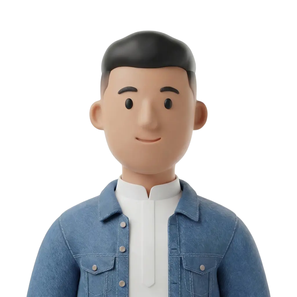 3D portrait bust of a young Gulf man wearing a white thobe collar and a blue denim jacket, with short black hair, a slight smile and a neutral, friendly expression, front-facing on a transparent background.