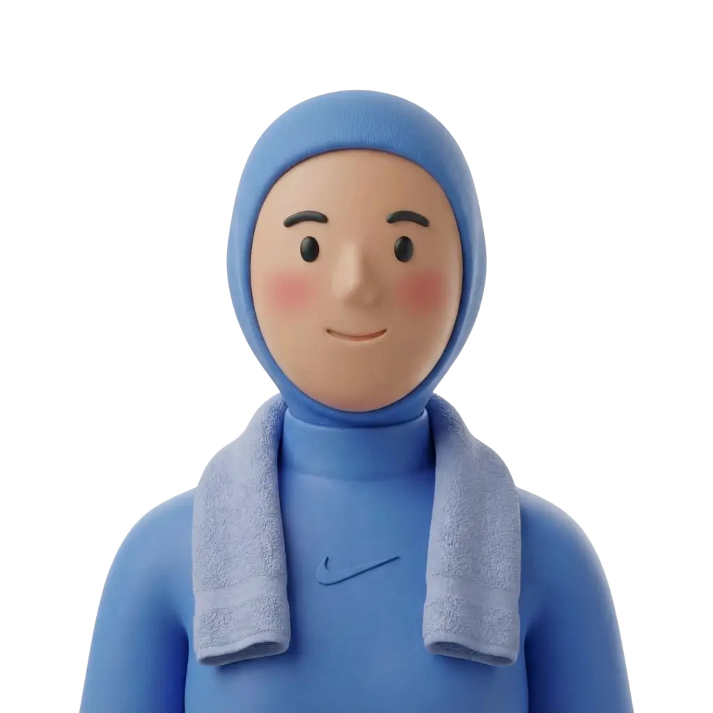 3D portrait bust of a female wearing a light blue sports hijab and matching athletic top with a towel draped around her neck, simple smiling expression and rosy cheeks against a neutral black background.