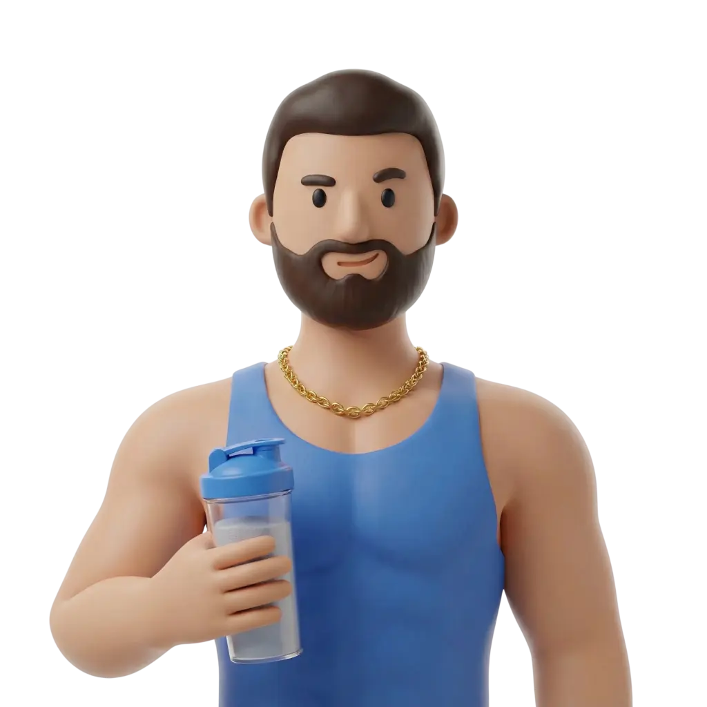 3D portrait bust of a male gym goer wearing a blue tank top, a gold chain, and holding a blue shaker bottle, with short dark hair and a full beard. Neutral friendly expression, isolated on a black background.