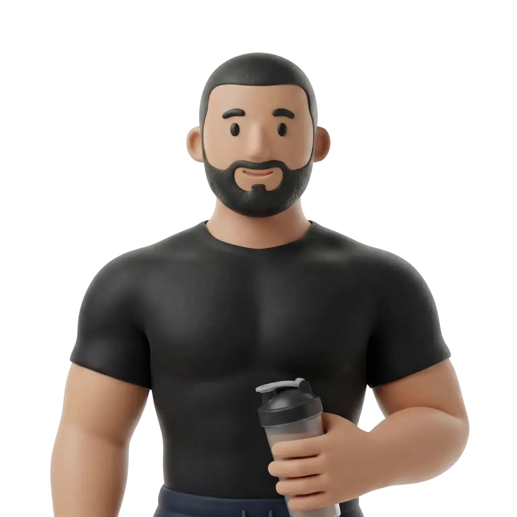 3D portrait bust of a muscular bearded man with cropped hair wearing a fitted black t-shirt and holding a gray shaker bottle, neutral smile, isolated on transparent background.