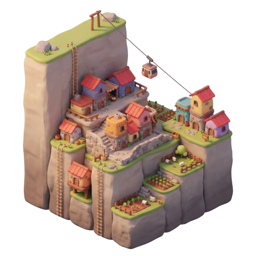 3D render of a stylized cliffside village built on stepped rock platforms with pastel-colored houses and red roofs, rope ladders, terraced gardens, grazing sheep and a cable-car gondola; isometric perspective with soft warm lighting and an isolated dark background.