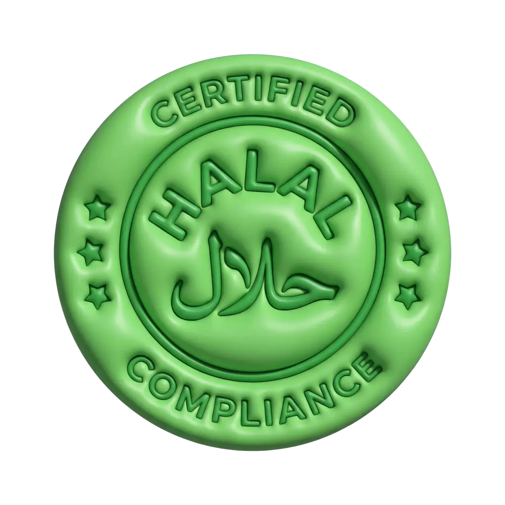 3D render of a round green embossed halal seal with raised English 'HALAL' and Arabic 'حلال' lettering, star accents and a glossy, wax-like plastic finish on a transparent background.