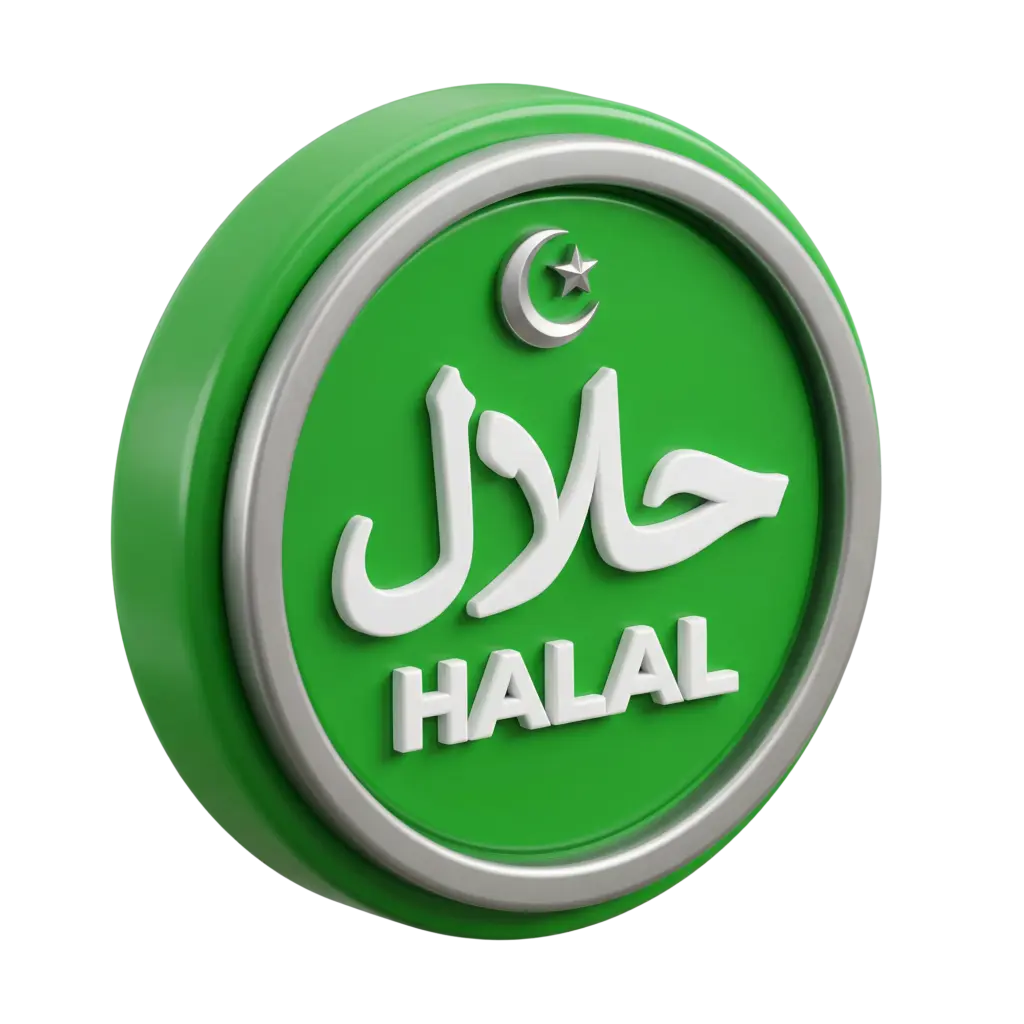 3D render of a circular green halal seal with raised white Arabic "حلال" and English "HALAL" lettering, topped by a crescent-and-star emblem. Features a metallic silver rim and glossy plastic finish on an isolated black background.