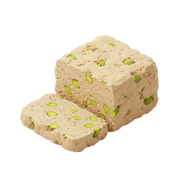 Close-up of a 3D render of a beige block of halawa studded with green pistachio kernels and a single sliced piece, showing a crumbly, slightly fibrous texture on a black isolated background.