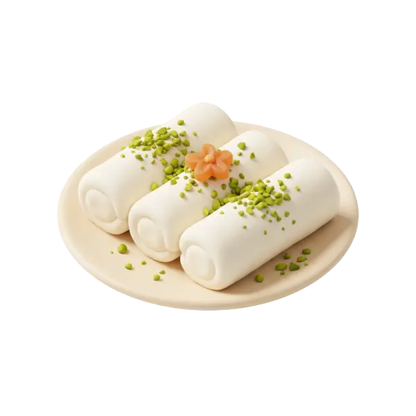 3D render of three white rolled cheese desserts on a beige ceramic plate, sprinkled with chopped green pistachios and topped with a small orange flower garnish. Isolated on a dark background.