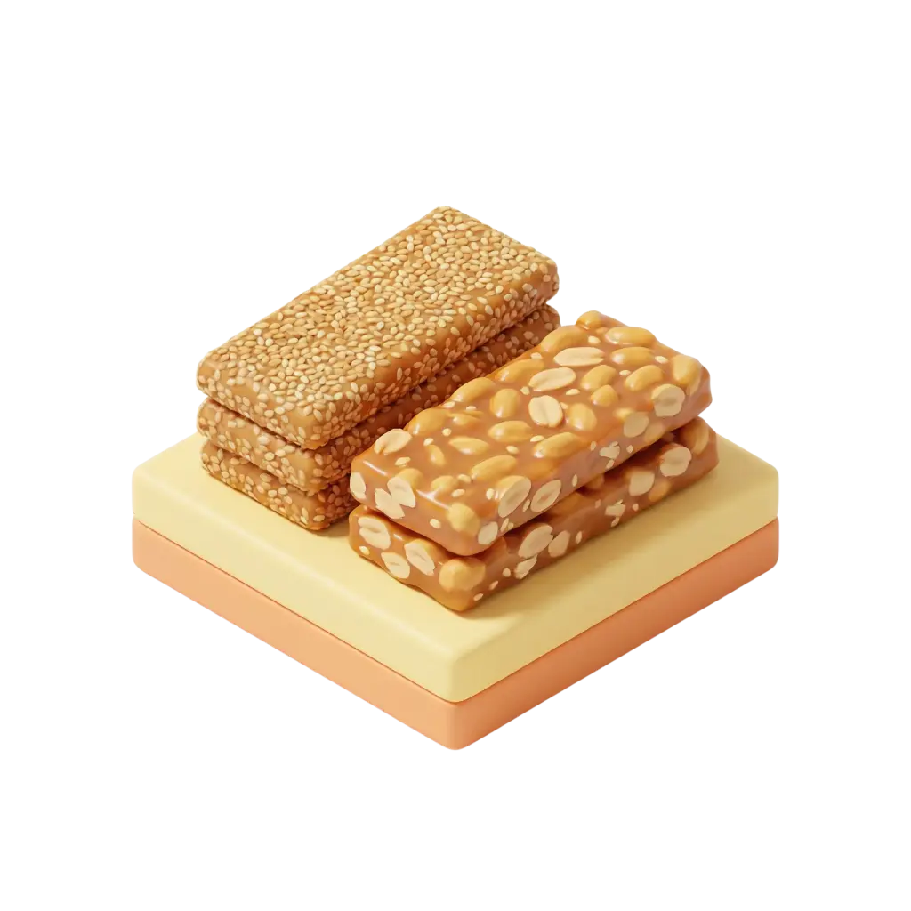 3D render of stacked sesame and peanut bars on a two-layer square pedestal, glossy caramel coating with visible whole peanuts and sesame seeds, isolated on a black background.