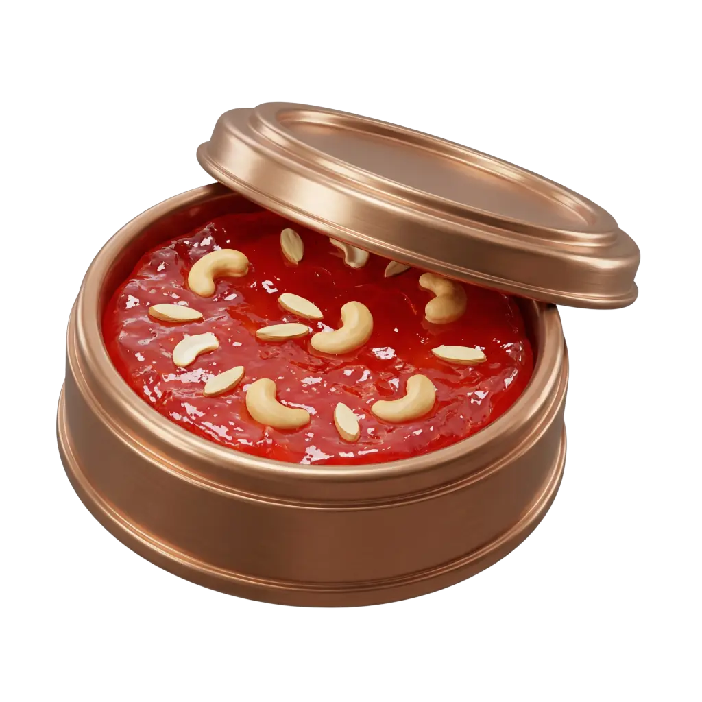 3D render of Bahraini halwa in a copper tin, glossy deep-red gelatinous halwa topped with whole cashews and sliced almonds, metal lid partially open, isolated on black background.