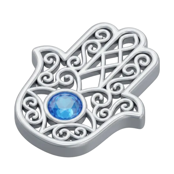 3D render of a metallic silver Hamsa hand pendant with intricate filigree swirls and a central faceted blue gemstone; glossy metallic finish on an isolated transparent background.