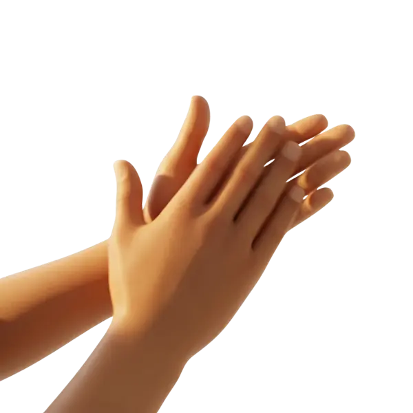 3D render of two stylized hands clapping, warm skin-tone, smooth matte finish with soft shading, isolated on a transparent background.