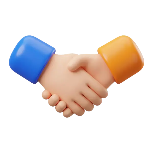 3D render of two stylized hands shaking with smooth rounded shapes, light skin tones and glossy blue and orange cuffs, matte skin finish, isolated on a transparent background.