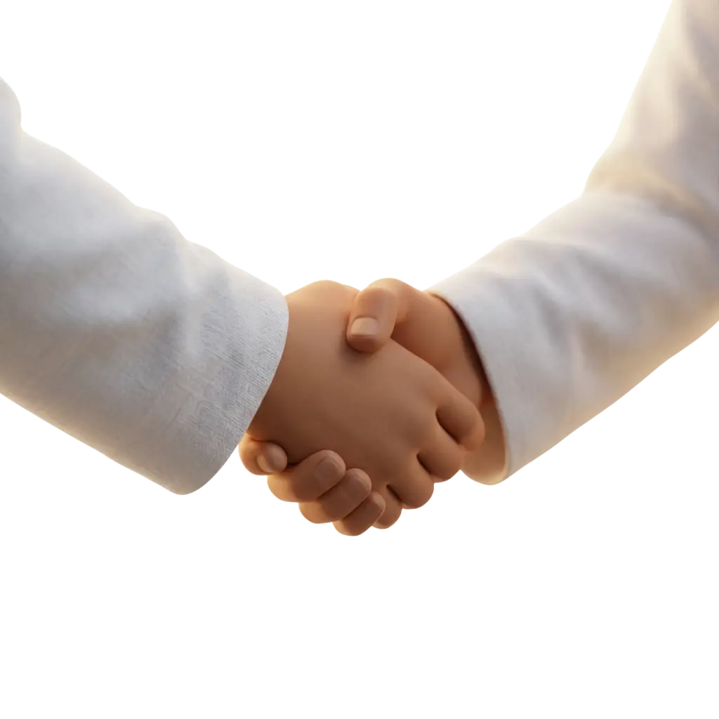 3D render of two stylized hands shaking, smooth matte skin tones with white textured sleeves, realistic soft lighting and fabric detail on cuffs, isolated on a transparent background.