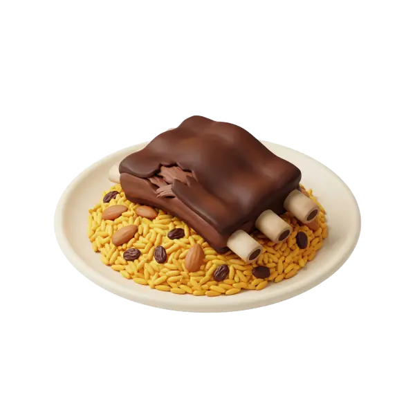 3D render of a roasted lamb haneeth on a bed of yellow rice topped with almonds and raisins, visible rib bones and shredded tender meat, glossy dark-brown crust and textured grains. The dish sits on a cream ceramic plate against a black isolated background.