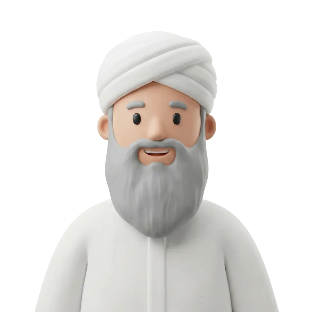 3D portrait bust of an elderly man wearing a white wrapped turban and a white traditional robe, with a full grey beard and warm smile; neutral dark background. He appears friendly and approachable with simple stylized facial features and rounded forms.