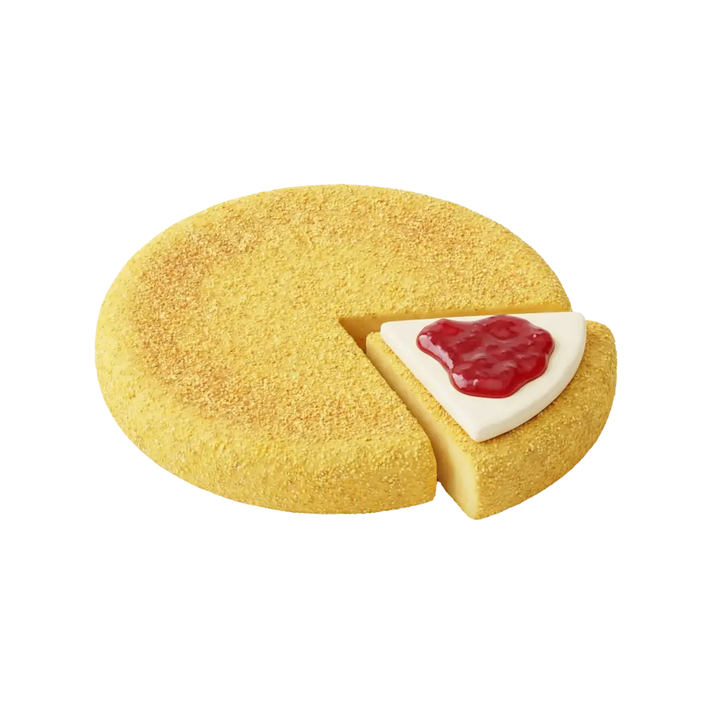 3D render of a round golden harcha (semolina bread) with a coarse crumbly texture and a single triangular slice topped with white cream and red jam, isolated on a black background.