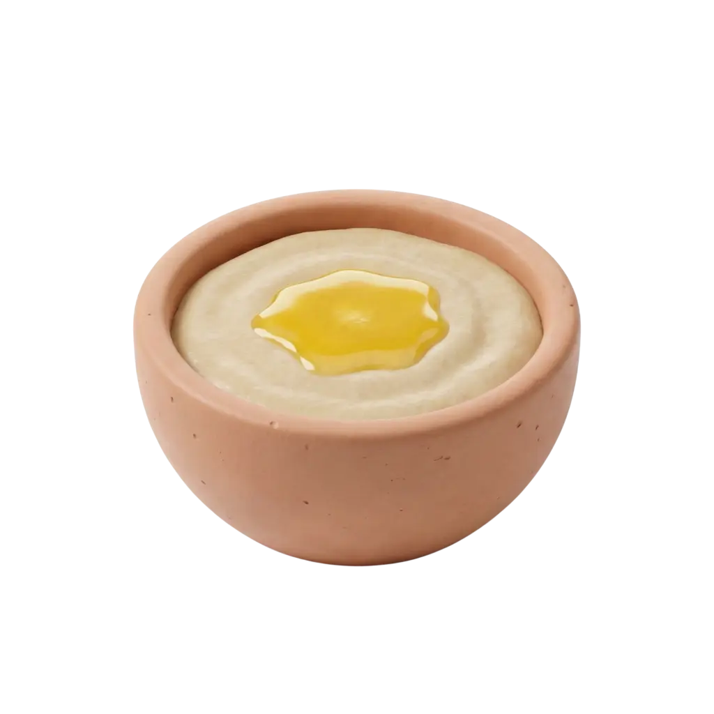 3D render of a terracotta bowl filled with pale creamy harees/jareesh porridge topped with a glossy pool of golden ghee, smooth whipped texture, isolated on a black background.