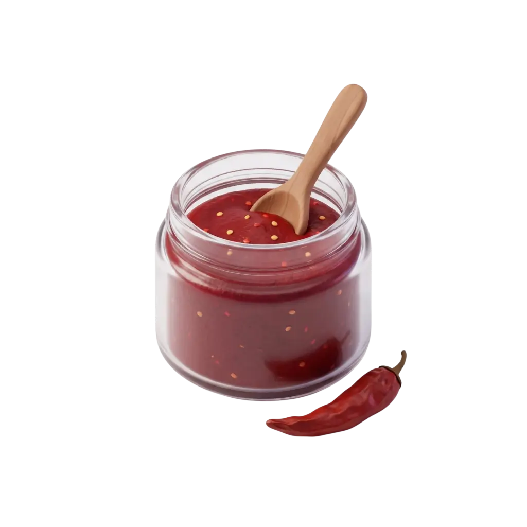 3D render of a glass jar filled with deep red harissa paste showing chili seeds on the surface, a small wooden spoon resting inside the jar, and a dried red chili pepper beside it on a black isolated background.