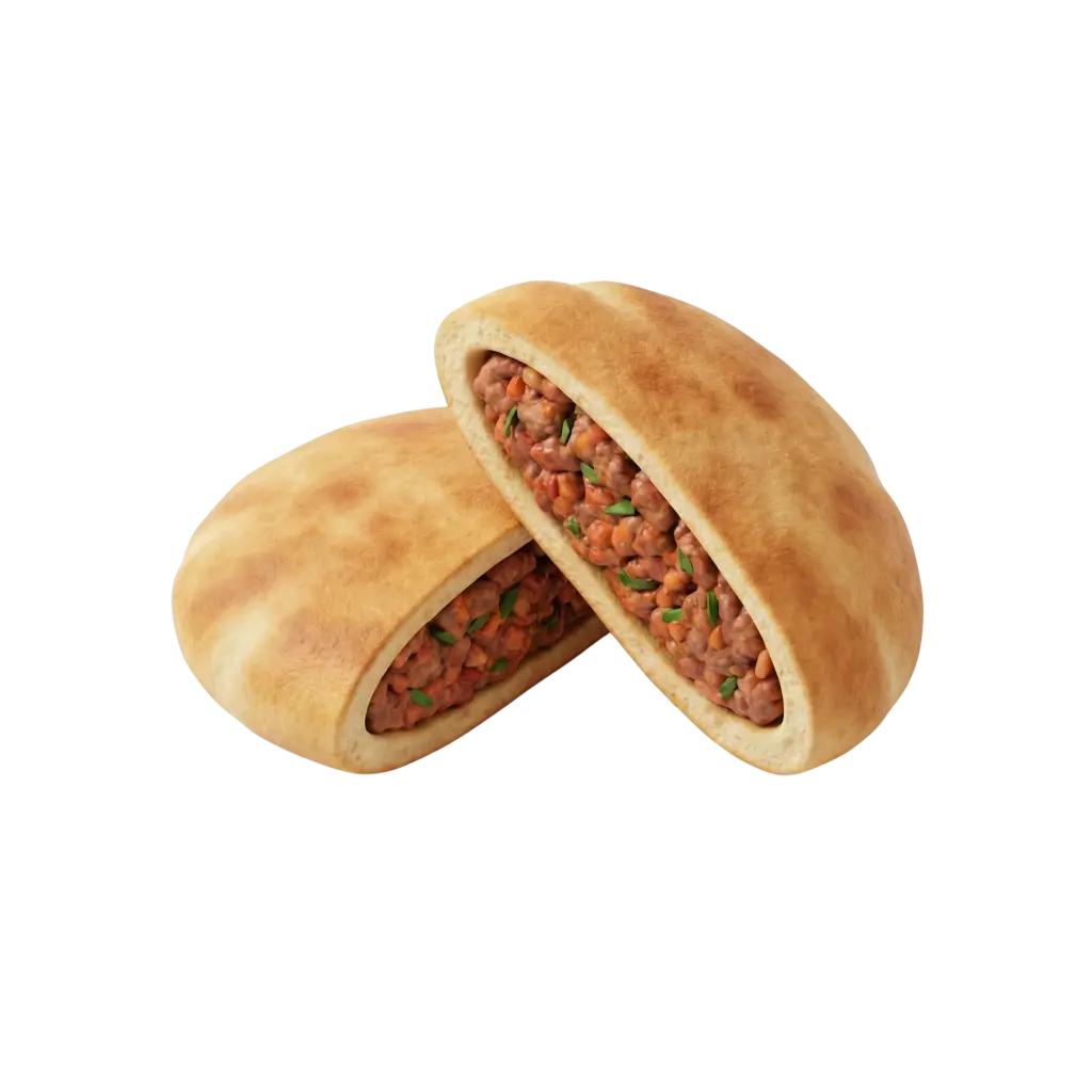 Close-up of two halves of hawawshi (meat-stuffed flatbread) with a golden-brown baked crust and visible minced meat filling mixed with green herbs and small orange pieces, isolated on a black background.