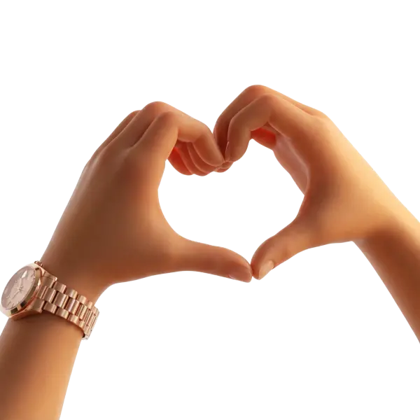 3D render of two hands forming a heart shape with smooth skin shading and a glossy rose-gold wristwatch on the left wrist, isolated on a transparent background.