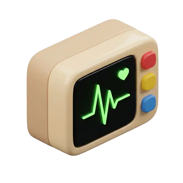 3D render of a compact retro-style heart monitor with a rounded beige glossy plastic body, a black glossy screen showing a neon green ECG waveform and a small heart icon, and three rounded square buttons in red, yellow and blue on the right; isolated on a black background.