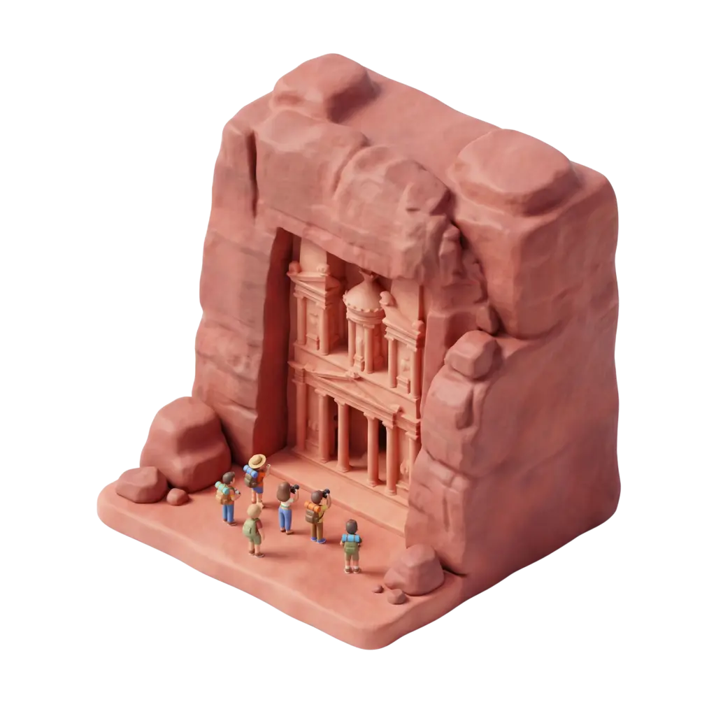 3D render of a stylized Hegra rock-cut tomb façade carved into reddish sandstone with a matte clay-like finish, shown as a miniature diorama with tiny tourist figures standing on an isolated base. Background is transparent and the model has soft, sculpted edges and a warm terracotta color.
