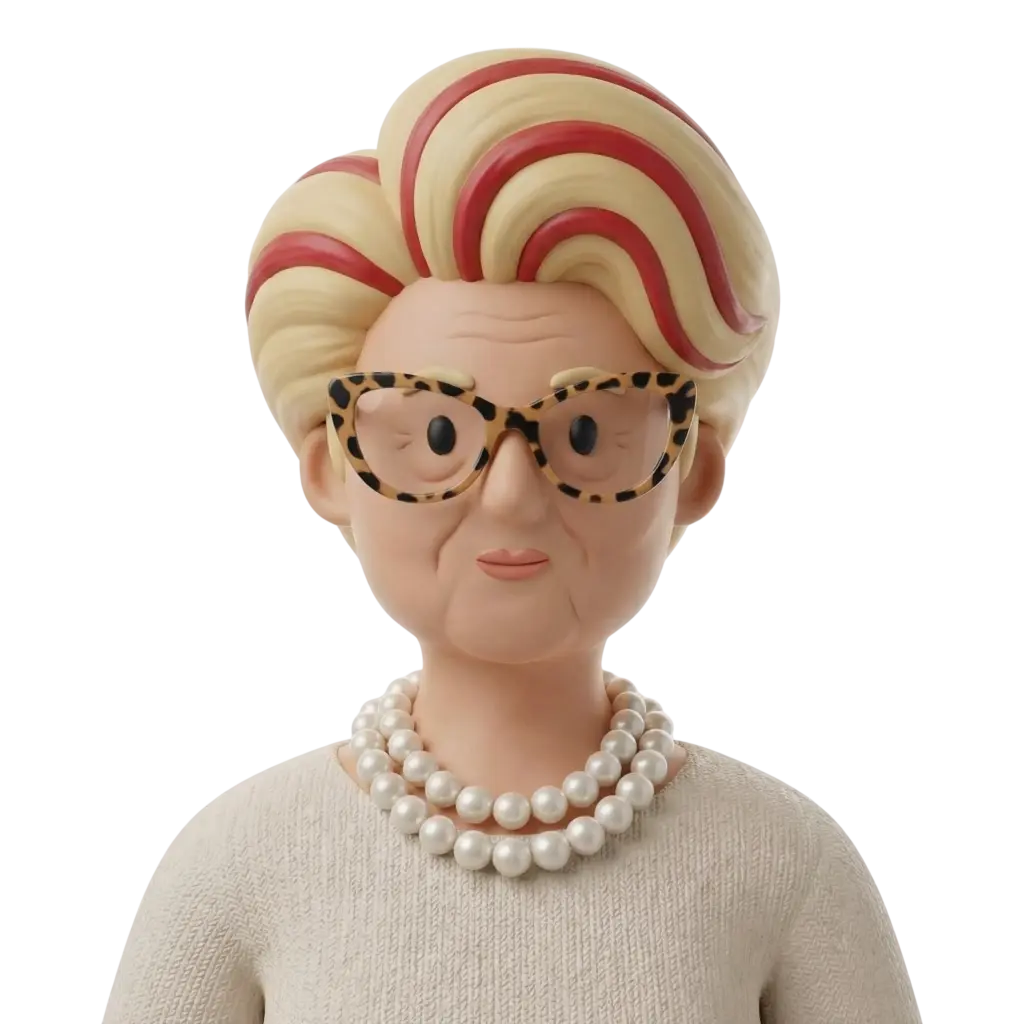 3D portrait bust of an older woman with swept blonde hair highlighted by red streaks, tortoiseshell cat-eye glasses, a double pearl necklace and a cream knit top, neutral expression and subtle wrinkles, presented on an isolated black background.