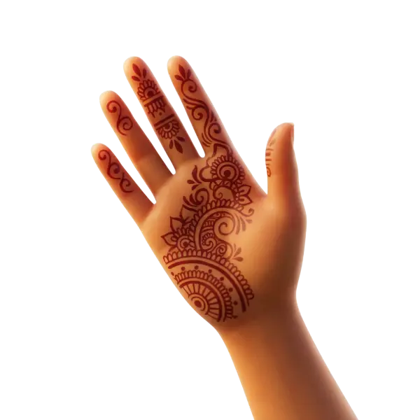 3D render of a stylized open human palm decorated with intricate dark red-brown henna motifs, smooth warm skin with a matte finish, isolated on a black background.