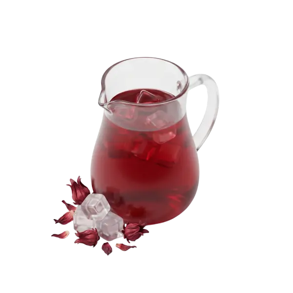 3D render of a glass pitcher filled with deep ruby-red hibiscus tea (karkade) and ice cubes, with extra ice cubes and dried hibiscus calyces scattered at the base on a dark/transparent background.