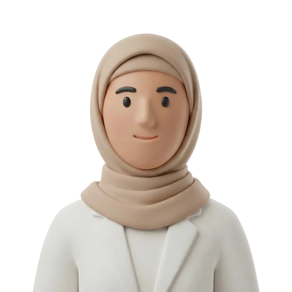 3D portrait bust of a female wearing a beige hijab and white blazer, with simple black stylized eyes and eyebrows, a gentle closed-mouth smile, and a smooth matte finish. Isolated render on a solid black background.