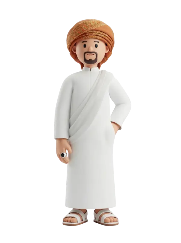 Full-body 3D character of a smiling Hijazi groom wearing a white thobe with a draped sash, a golden-brown embroidered turban (عمامة), sandals and a short beard; he holds a black-stone ring in one hand while the other rests in his pocket against a transparent black background.