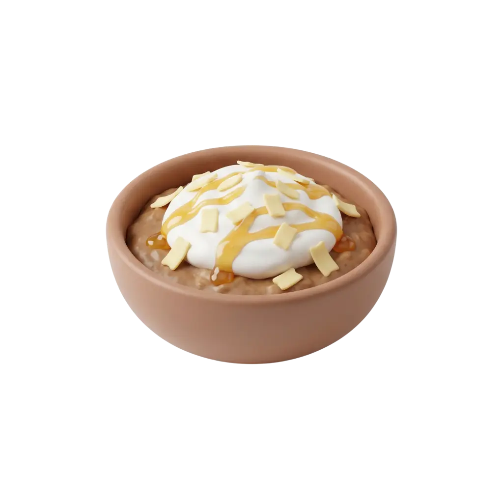 3D render of Hijazi Masoub in a terracotta bowl showing a brown mashed base topped with a white cream dollop, golden syrup drizzles and small pale yellow rectangular toppings on a black background.