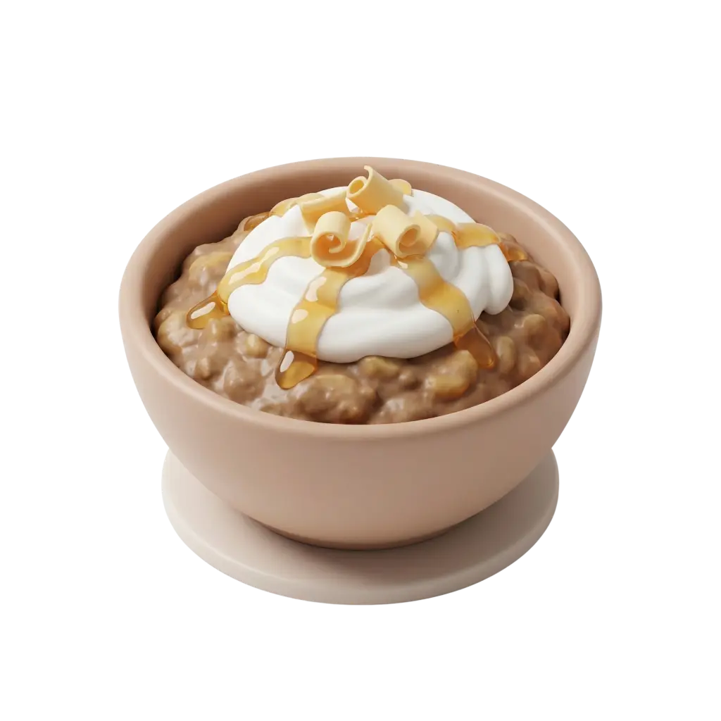 3D render of a beige ceramic bowl filled with chunky brown masoub porridge topped with a swirl of white cream, amber honey drizzled over and pale curled shavings, isolated on a black background.