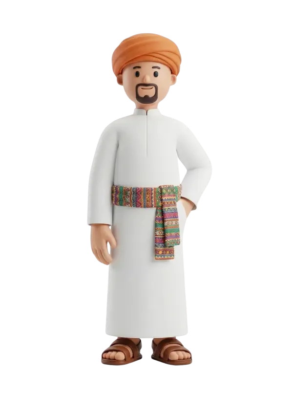 Full-body 3D character of a smiling male Hijazi merchant wearing a white thobe, an orange turban-style headwrap (عمامة), and a colorful patterned waist sash, with a short beard and brown sandals; one hand tucked near his pocket. Isolated on a dark/transparent background.