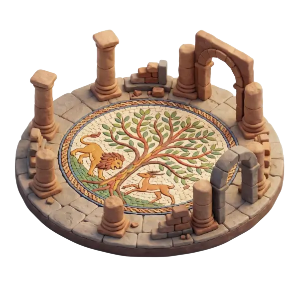 3D clay-style depiction of the circular mosaic courtyard from Hisham's Palace, showing the Tree of Life motif with a lion and a gazelle in colorful tesserae. Surrounded by weathered sandstone columns and arches, presented as an isolated top-down render with warm directional lighting.